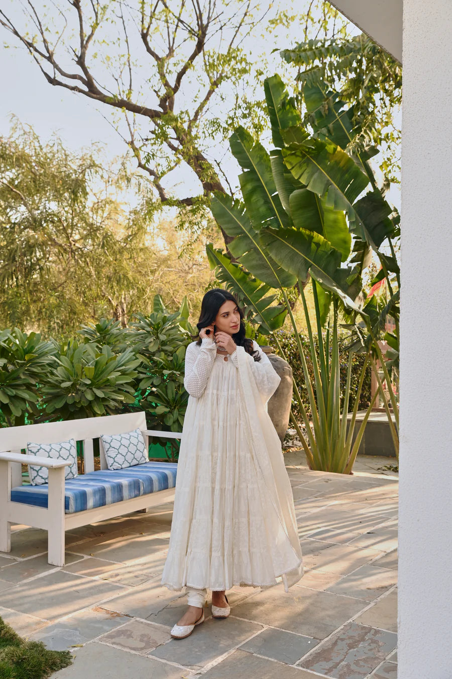 MULMUL CREAM TIERED ANRAKALI SET