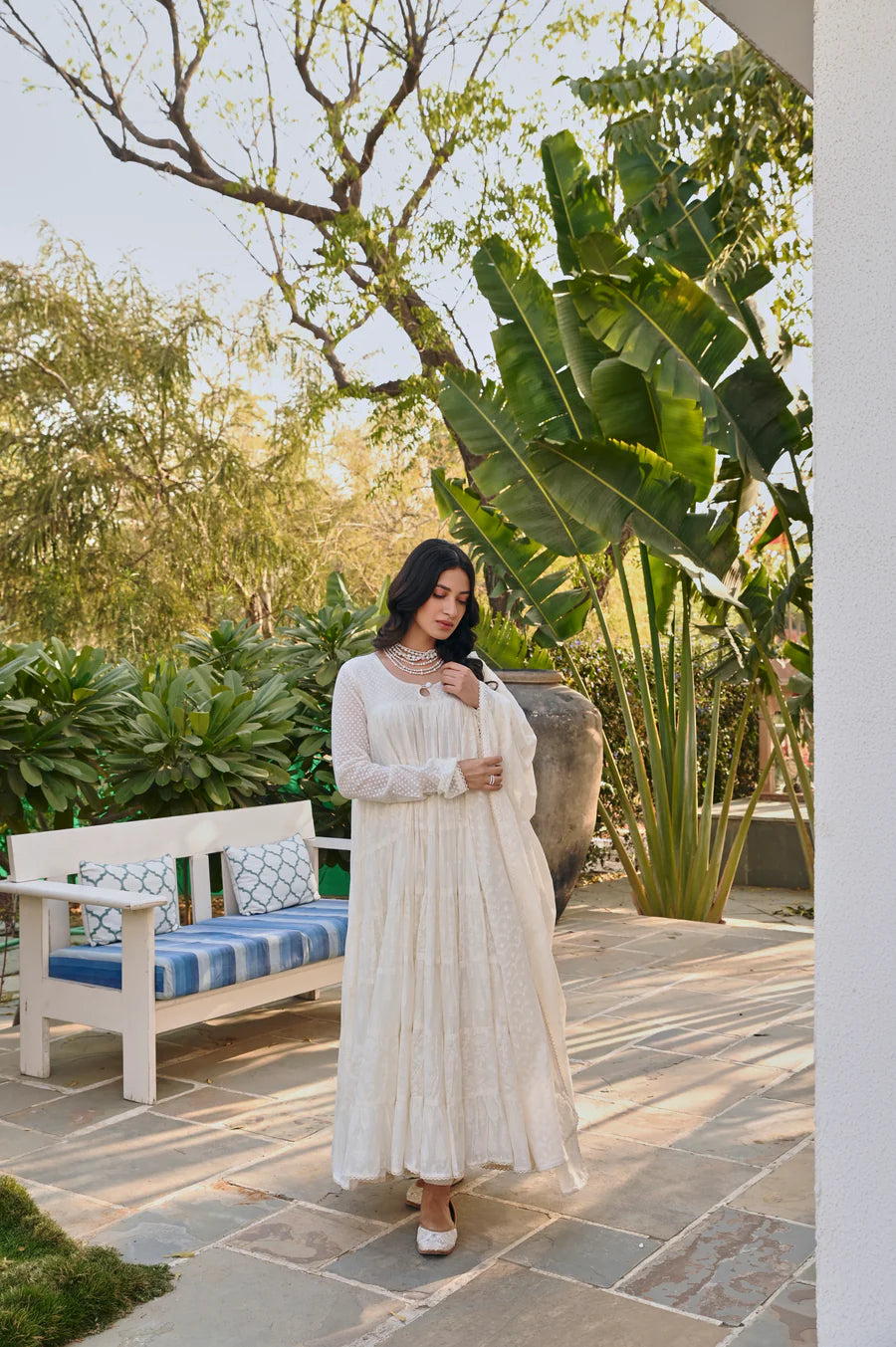 MULMUL CREAM TIERED ANRAKALI SET