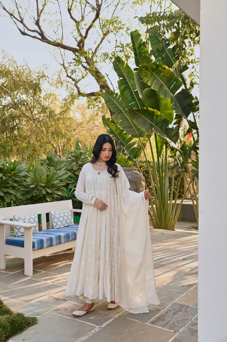 MULMUL CREAM TIERED ANRAKALI SET