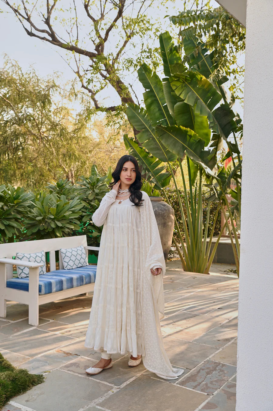MULMUL CREAM TIERED ANRAKALI SET