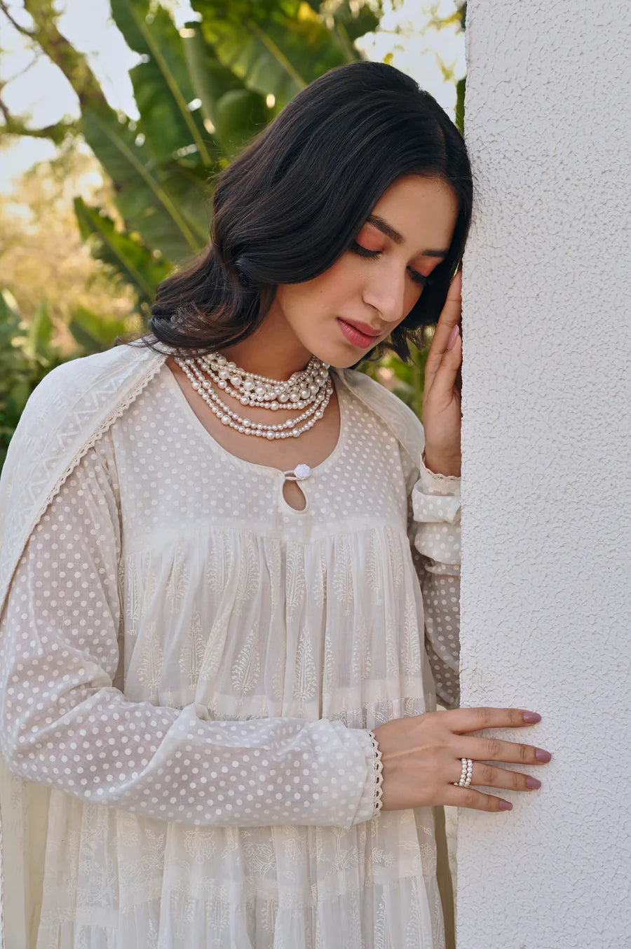 MULMUL CREAM TIERED ANRAKALI SET