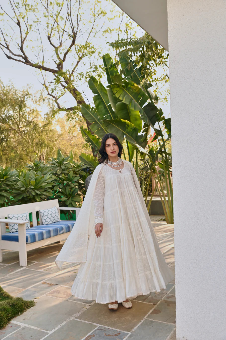 MULMUL CREAM TIERED ANRAKALI SET