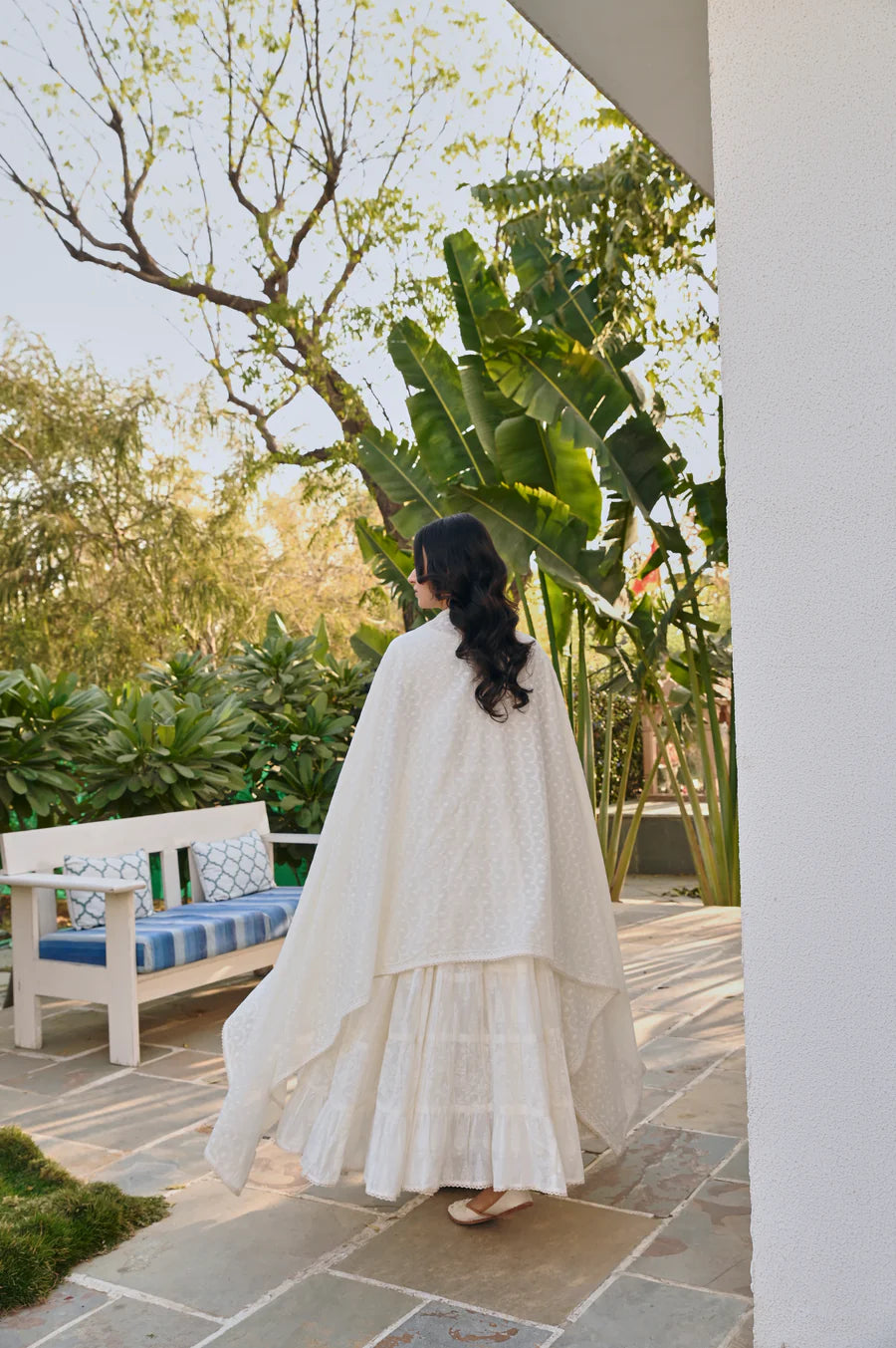 MULMUL CREAM TIERED ANRAKALI SET