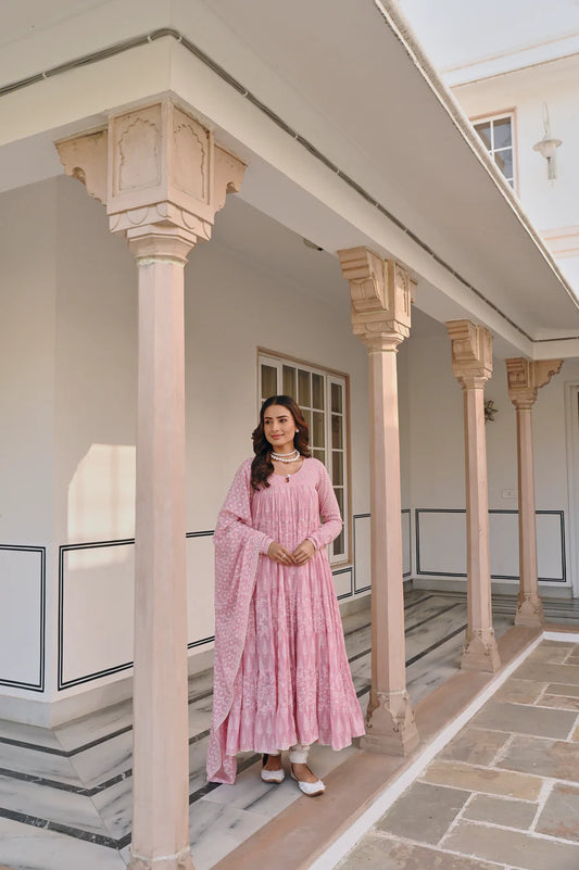 MULMUL PINK TIERED ANRAKALI SET