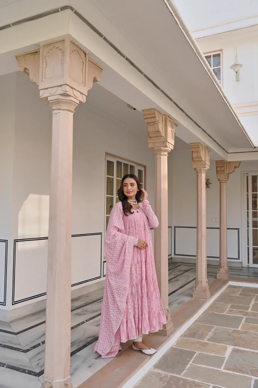 MULMUL PINK TIERED ANRAKALI SET