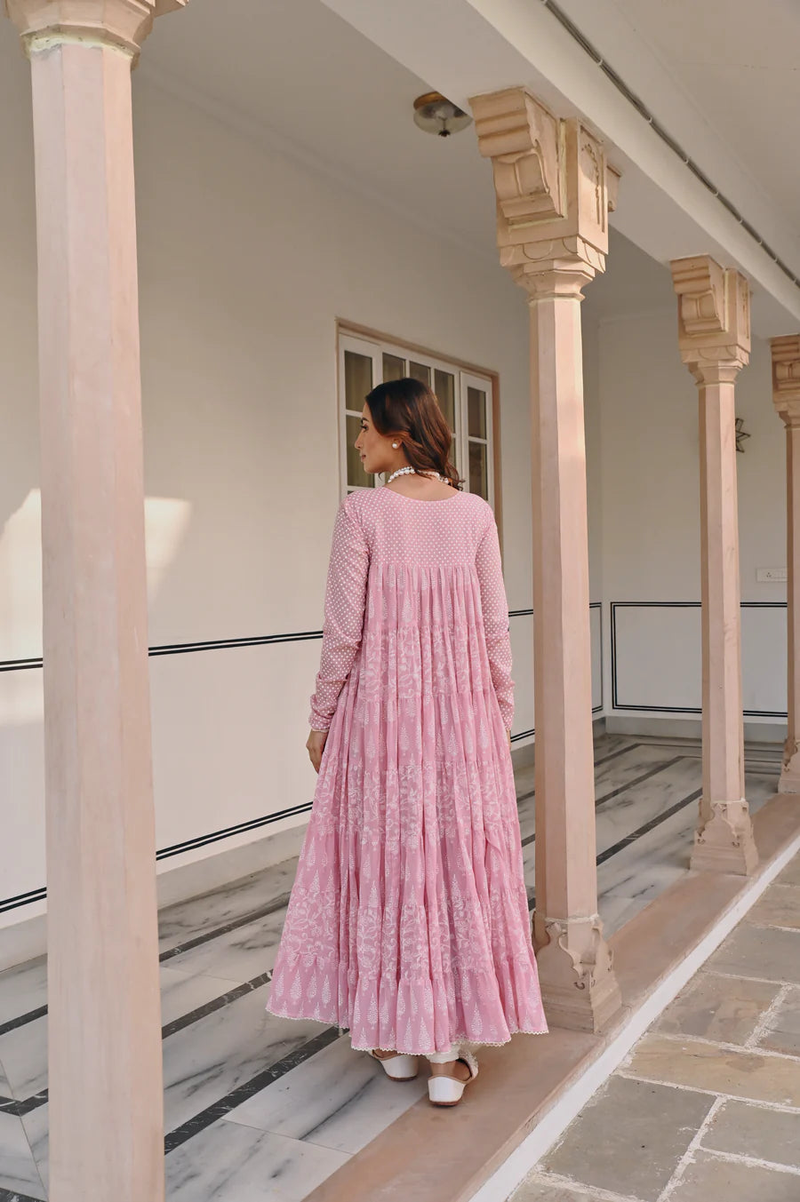 MULMUL PINK TIERED ANRAKALI SET