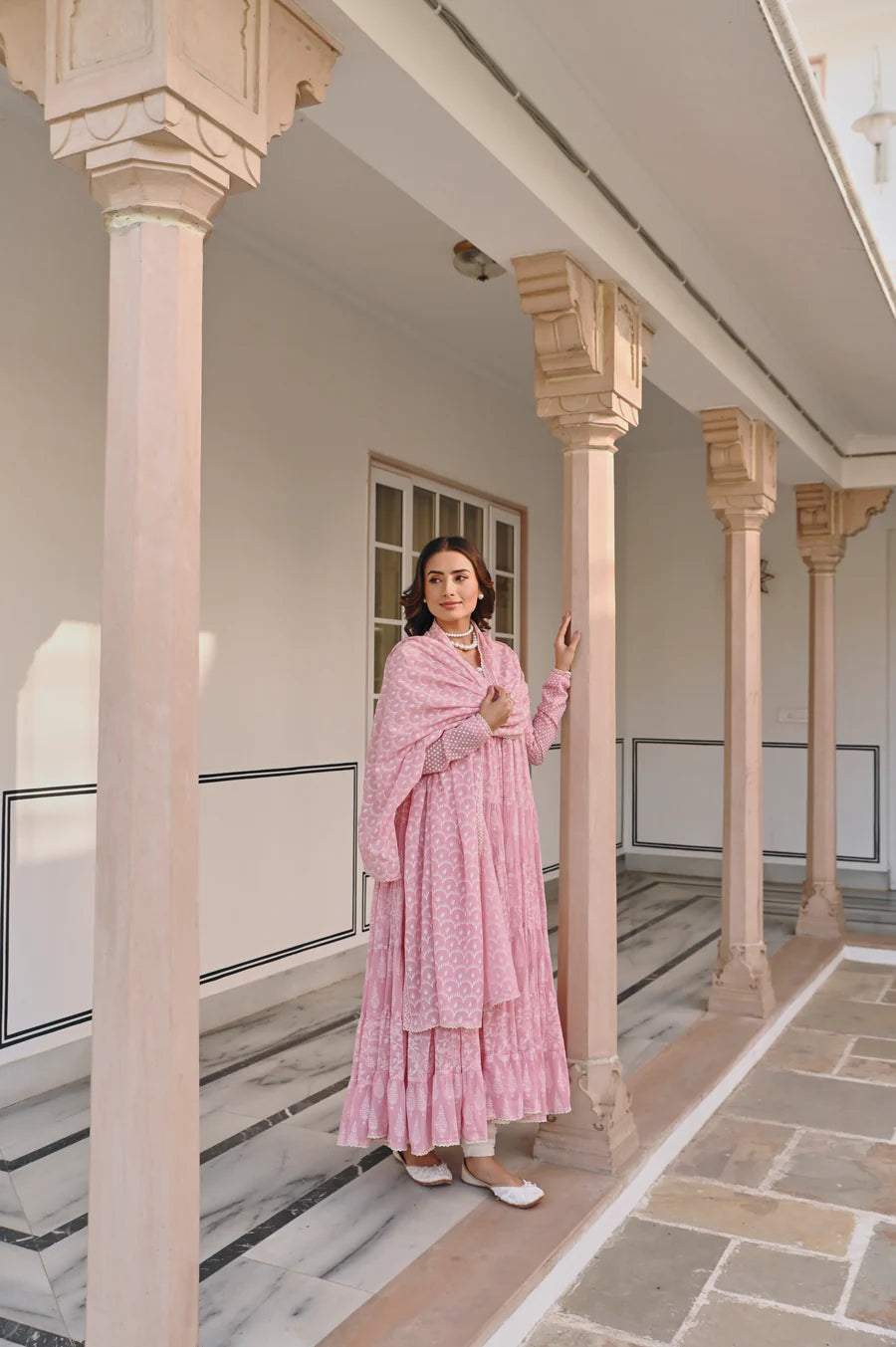 MULMUL PINK TIERED ANRAKALI SET