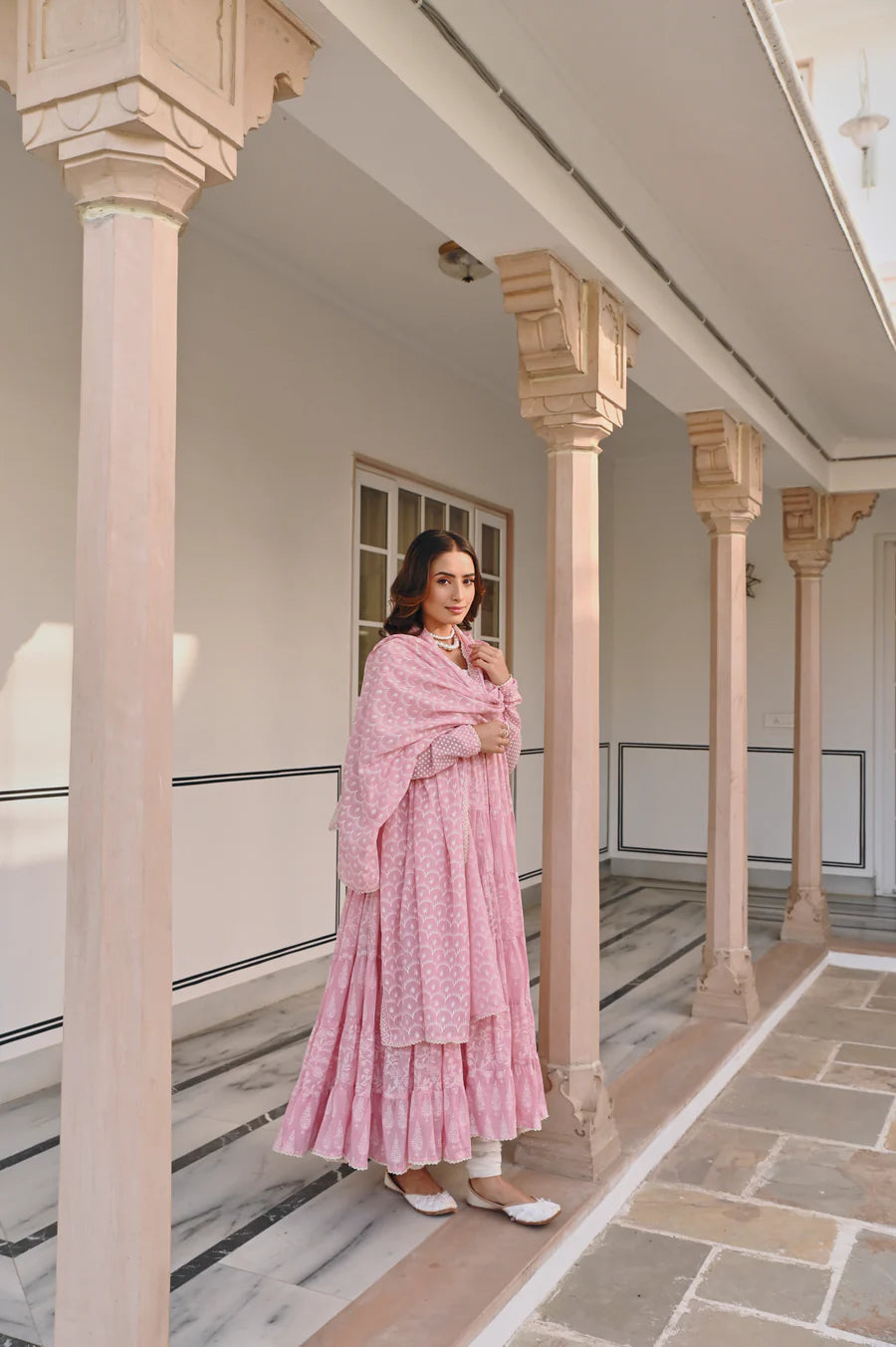 MULMUL PINK TIERED ANRAKALI SET