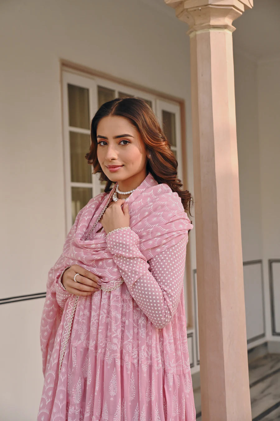 MULMUL PINK TIERED ANRAKALI SET