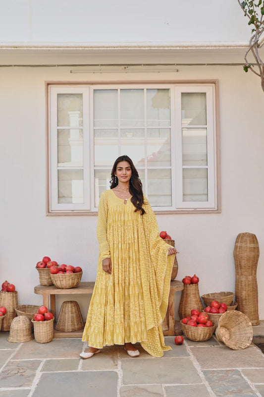 MULMUL YELLOW TIERED ANARAKLI SET