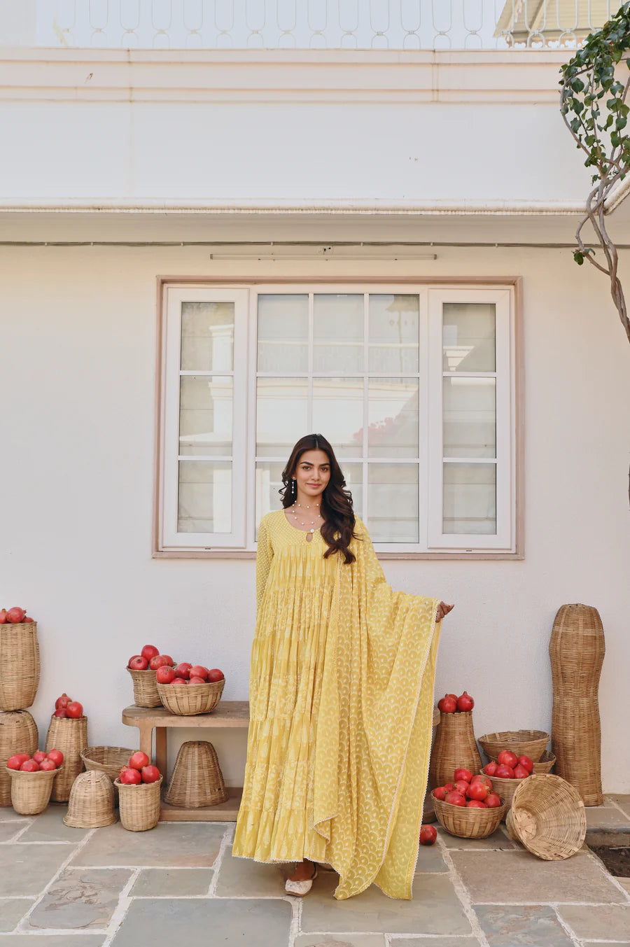 MULMUL YELLOW TIERED ANARAKLI SET