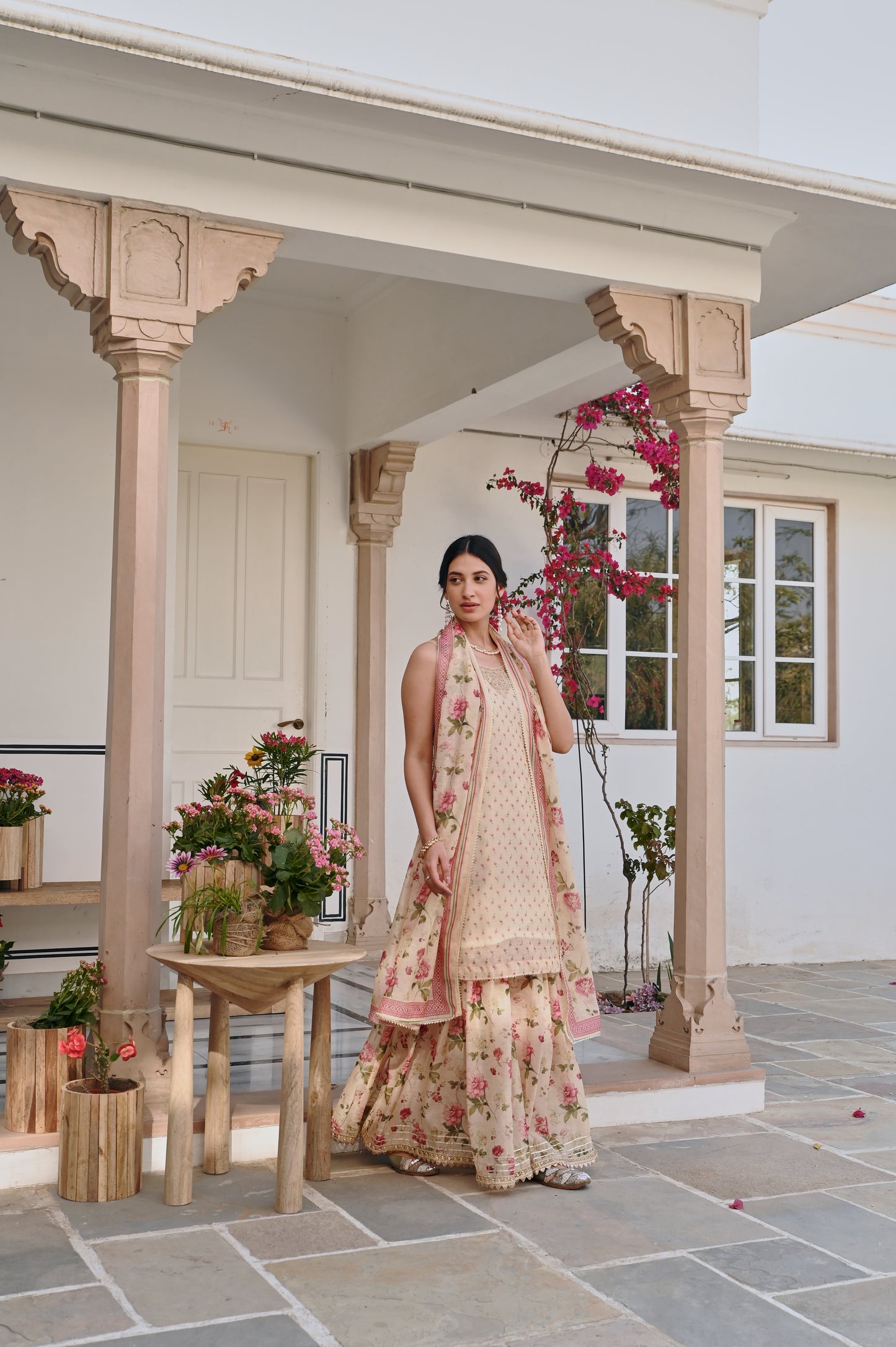 CREAM PRINTED SHARARA SET