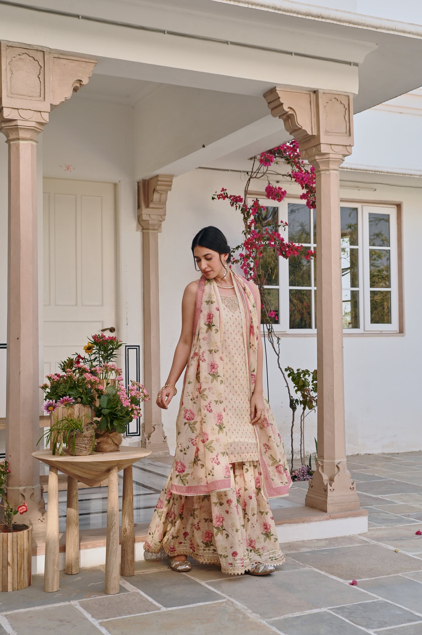 CREAM PRINTED SHARARA SET