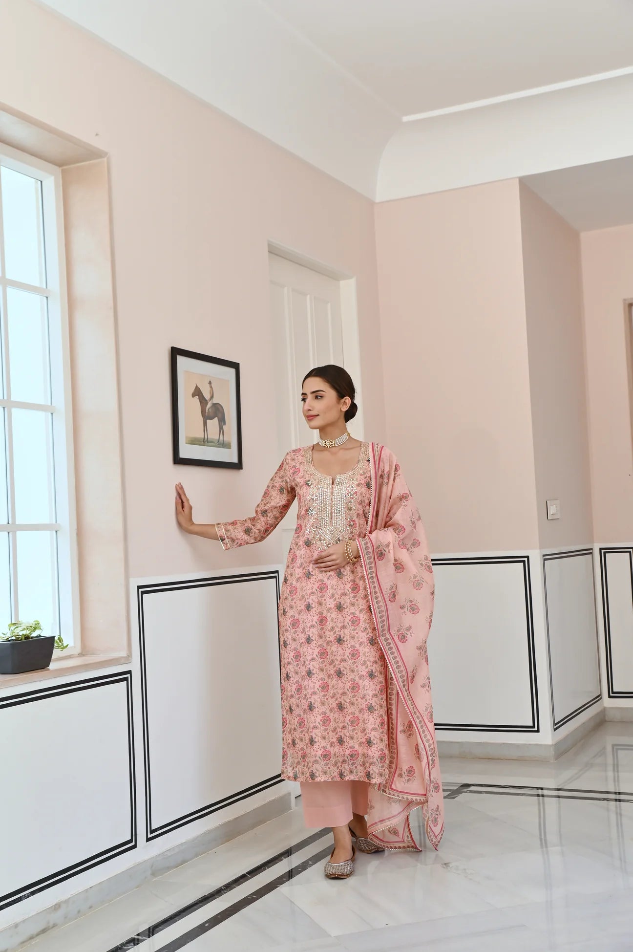 ROSE PINK GOTA PATTI NECK EMBROIDERY CHANDERI KURTA SET