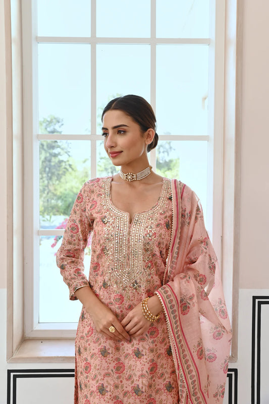 ROSE PINK GOTA PATTI NECK EMBROIDERY CHANDERI KURTA SET