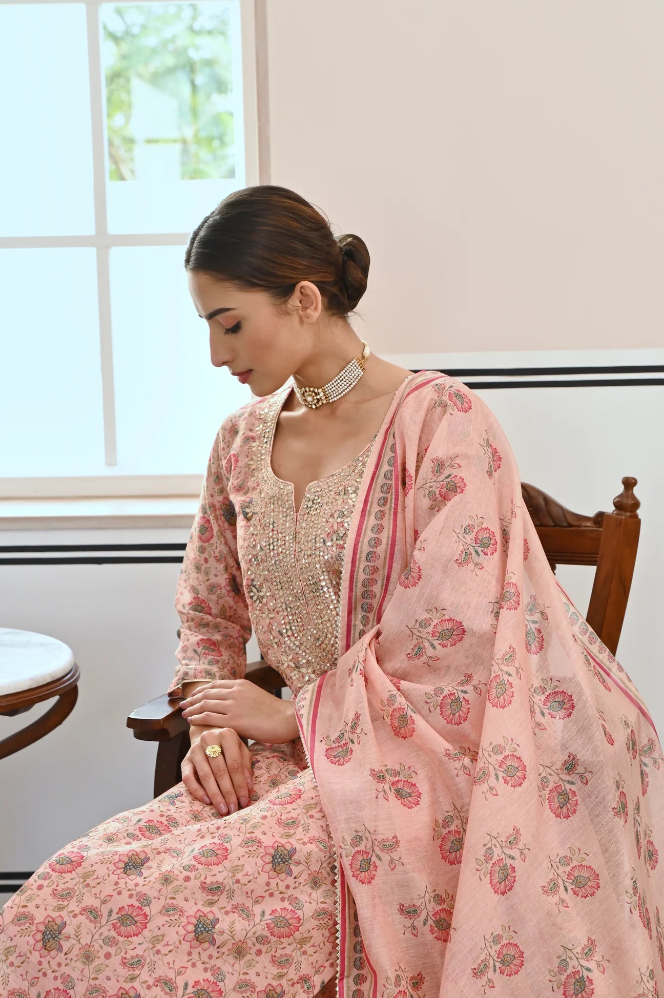 ROSE PINK GOTA PATTI NECK EMBROIDERY CHANDERI KURTA SET