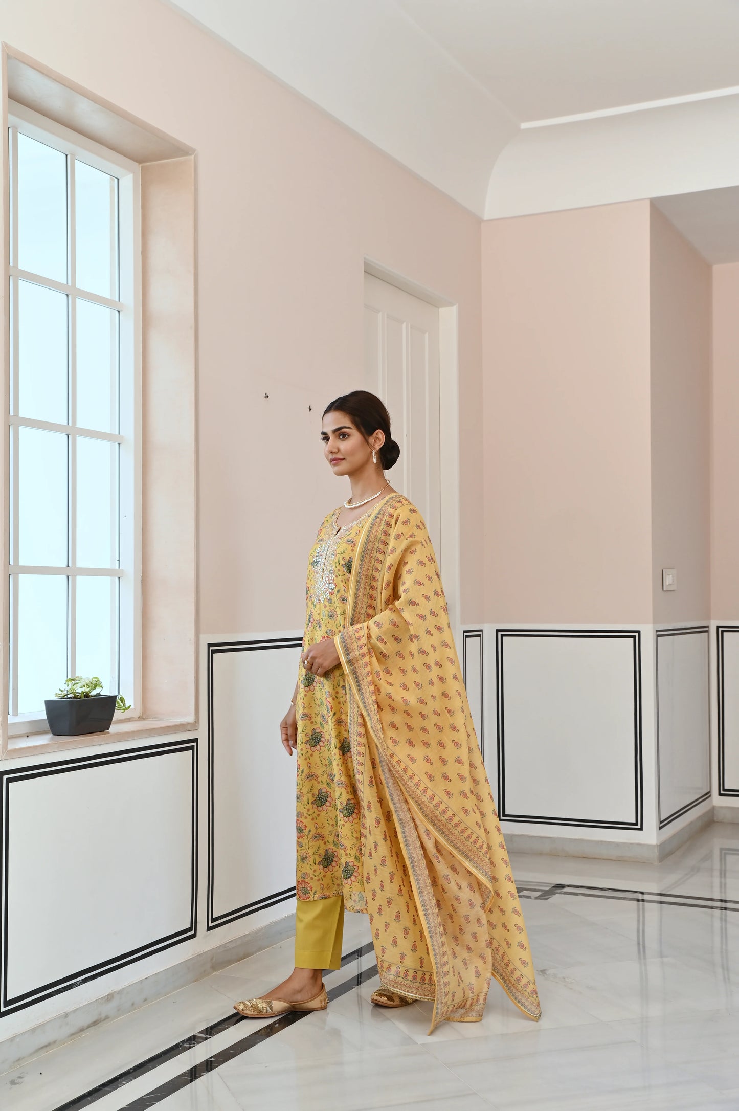 MUSTARD YELLOW NECK EMBROIDERED GOTA PATTI CHANDERI KURTA SET