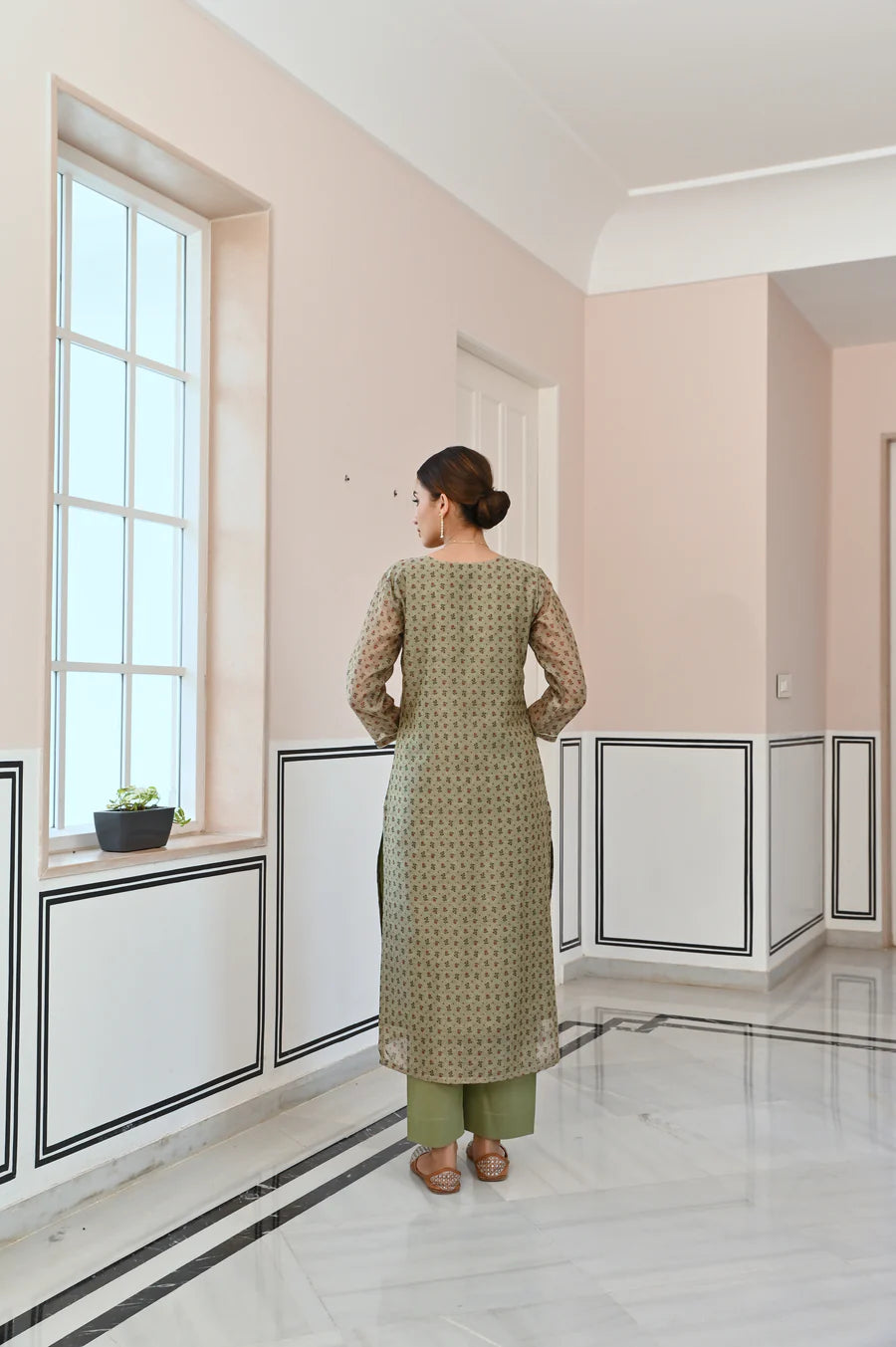 SAGE GREEN GOTA PATTI NECK EMBROIDERY CHANDERI KURTA SET