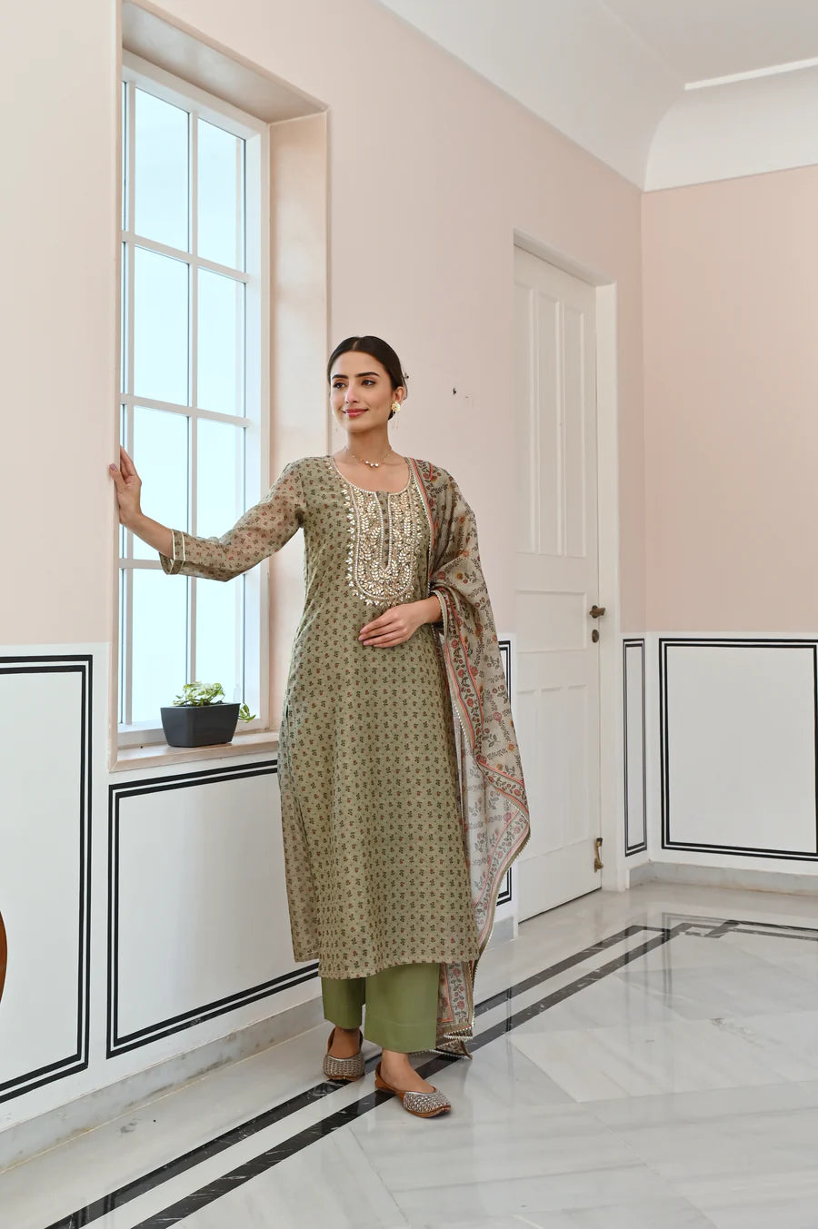SAGE GREEN GOTA PATTI NECK EMBROIDERY CHANDERI KURTA SET