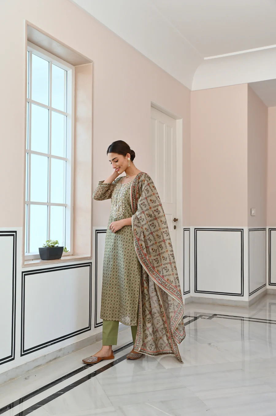 SAGE GREEN GOTA PATTI NECK EMBROIDERY CHANDERI KURTA SET