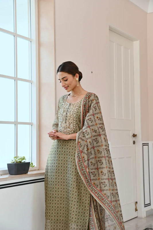 SAGE GREEN GOTA PATTI NECK EMBROIDERY CHANDERI KURTA SET
