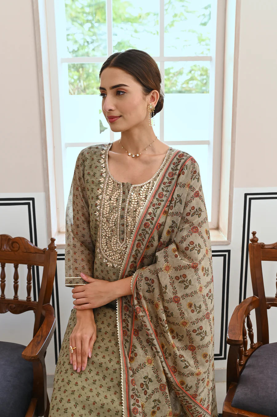 SAGE GREEN GOTA PATTI NECK EMBROIDERY CHANDERI KURTA SET