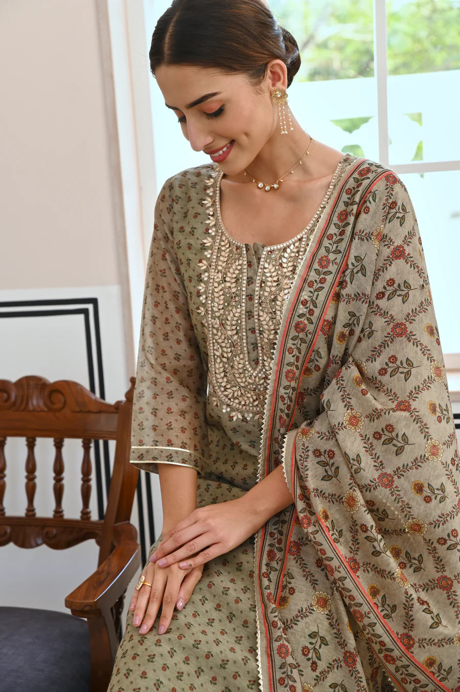 SAGE GREEN GOTA PATTI NECK EMBROIDERY CHANDERI KURTA SET