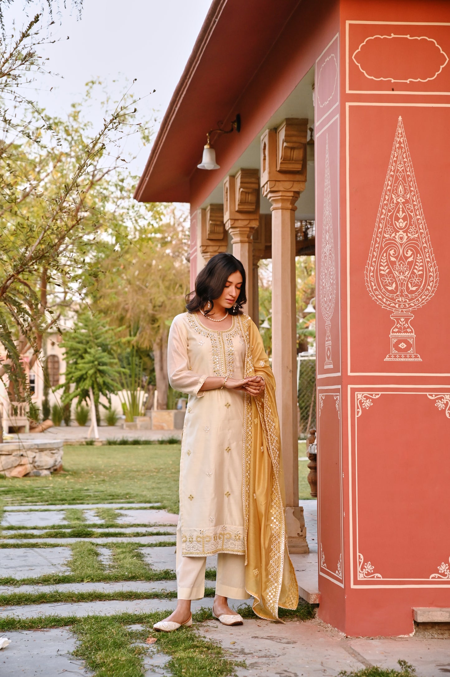 CREAM AND YELLOW EMBROIDERED KURTA SET