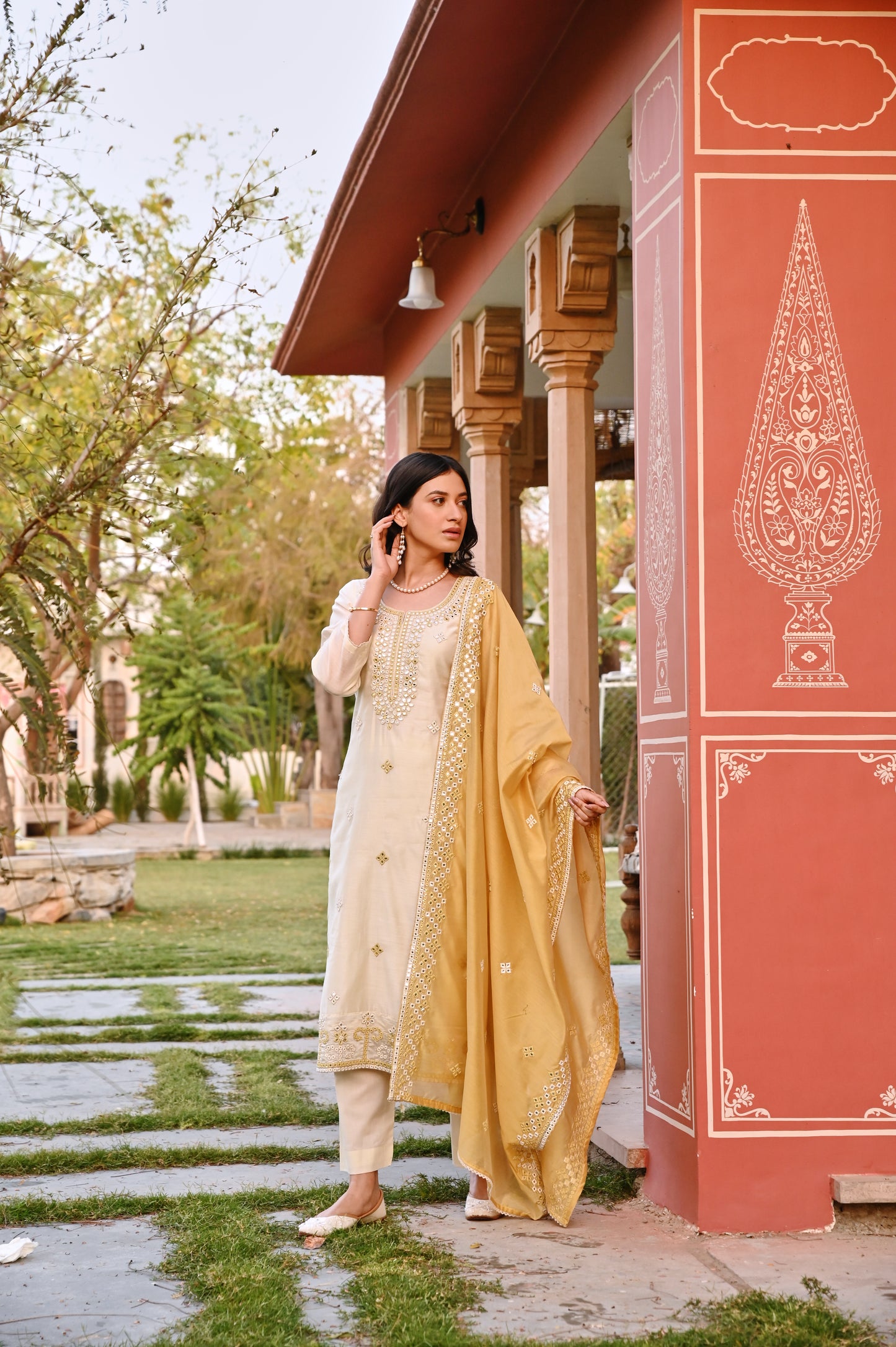 CREAM AND YELLOW EMBROIDERED KURTA SET