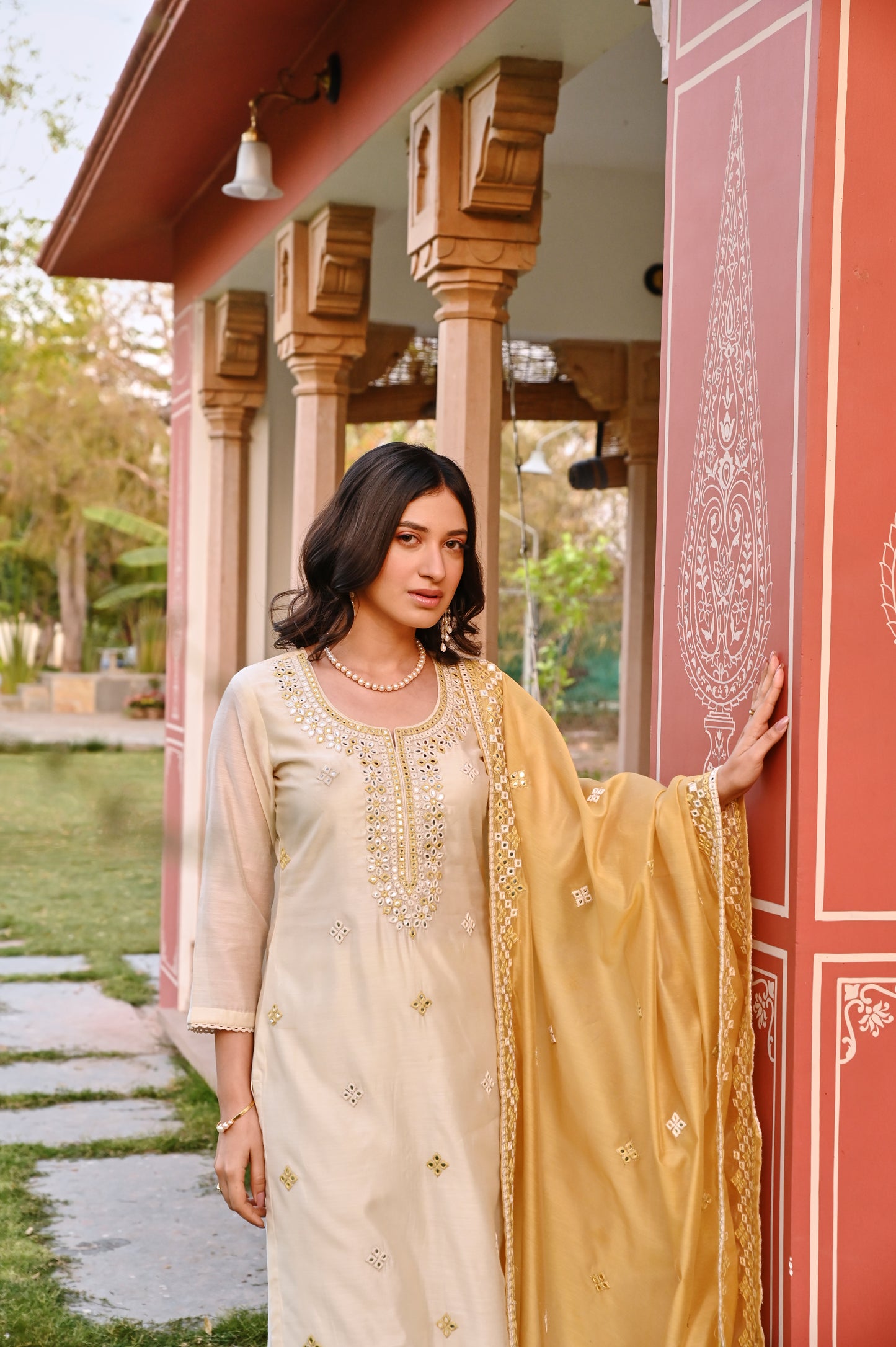 CREAM AND YELLOW EMBROIDERED KURTA SET