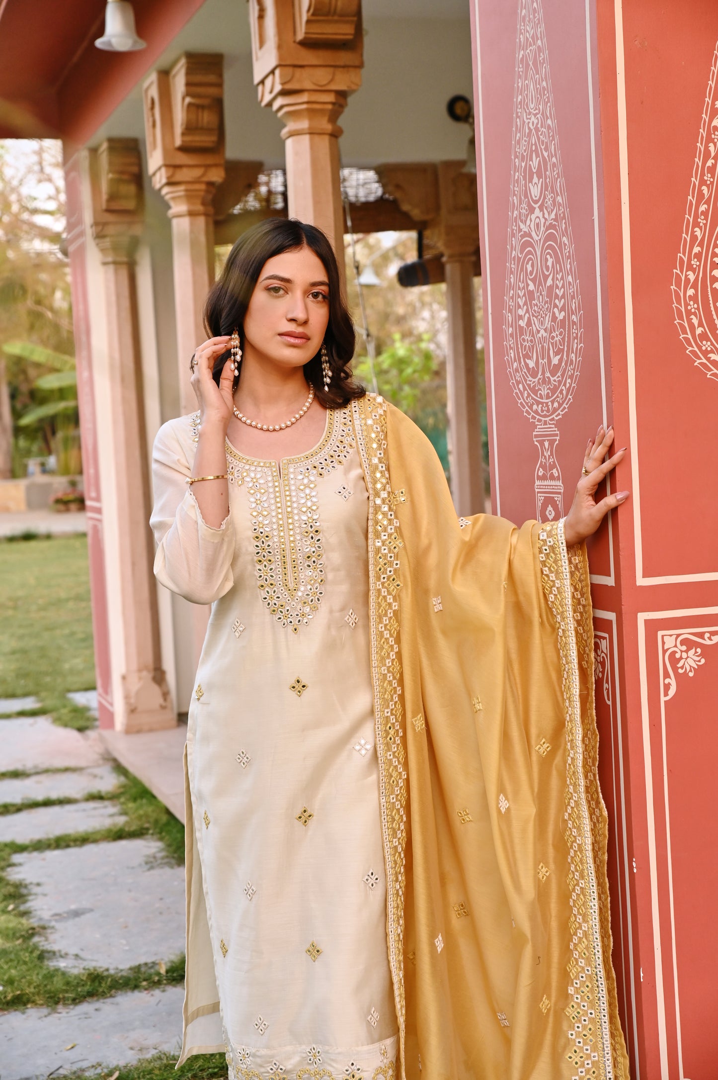CREAM AND YELLOW EMBROIDERED KURTA SET