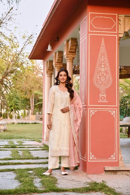 CREAM & PINK EMBROIDERED KURTA SET