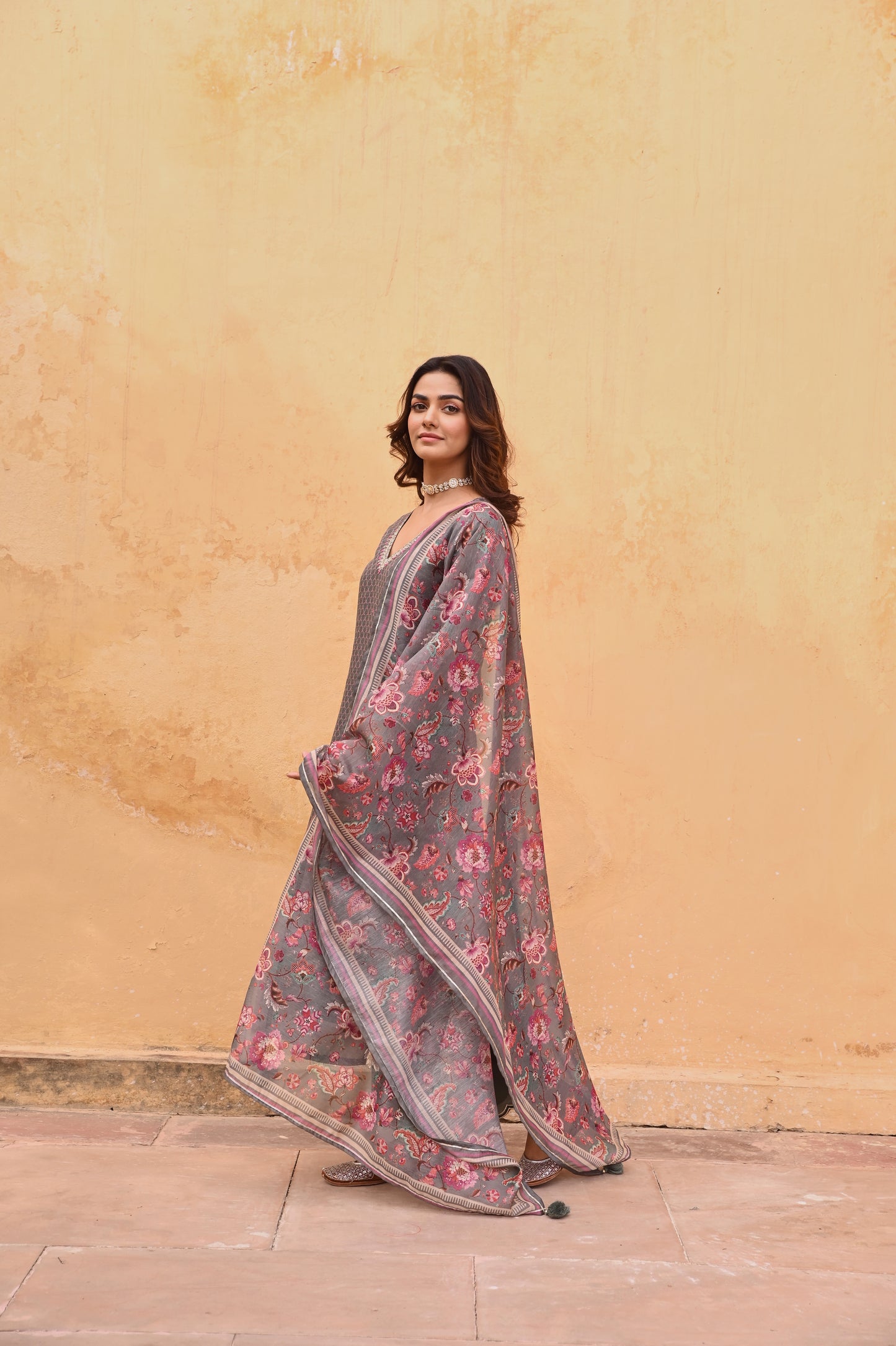 GREY CHANDERI EMBROIDERED KURTA
