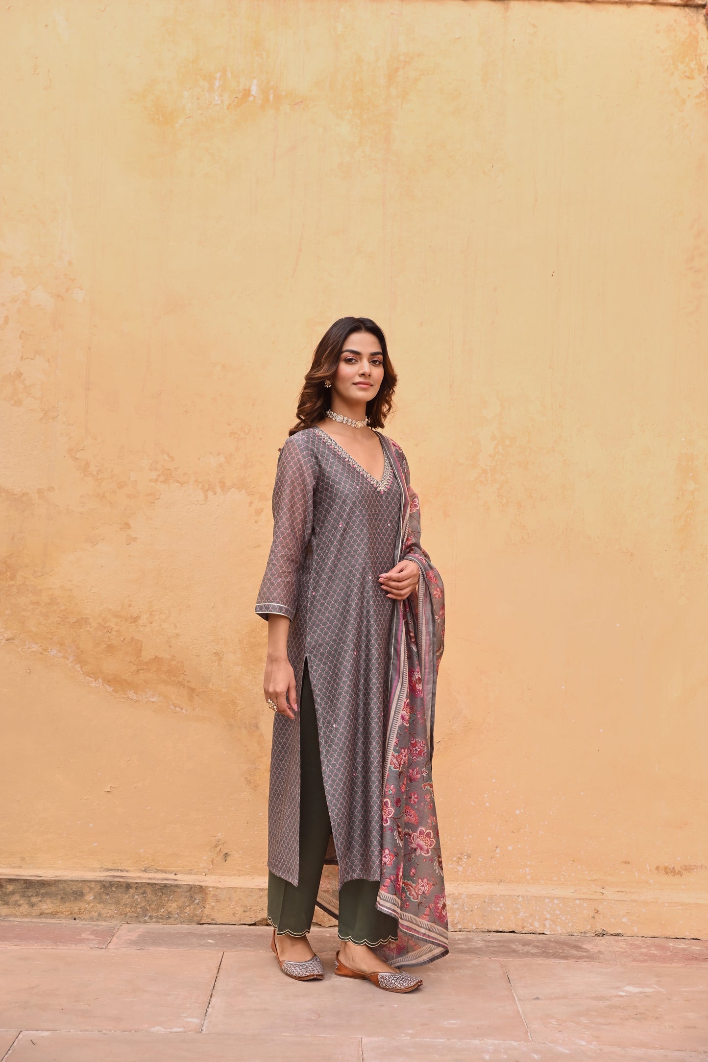 GREY CHANDERI EMBROIDERED KURTA