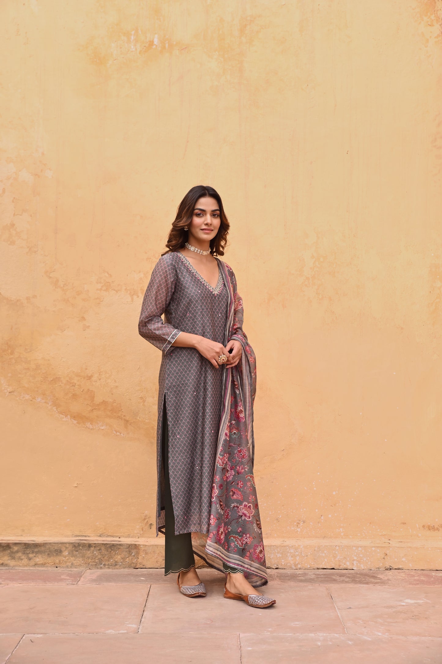GREY CHANDERI EMBROIDERED KURTA