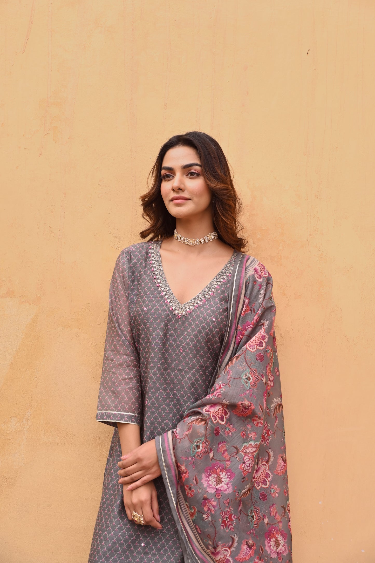 GREY CHANDERI EMBROIDERED KURTA