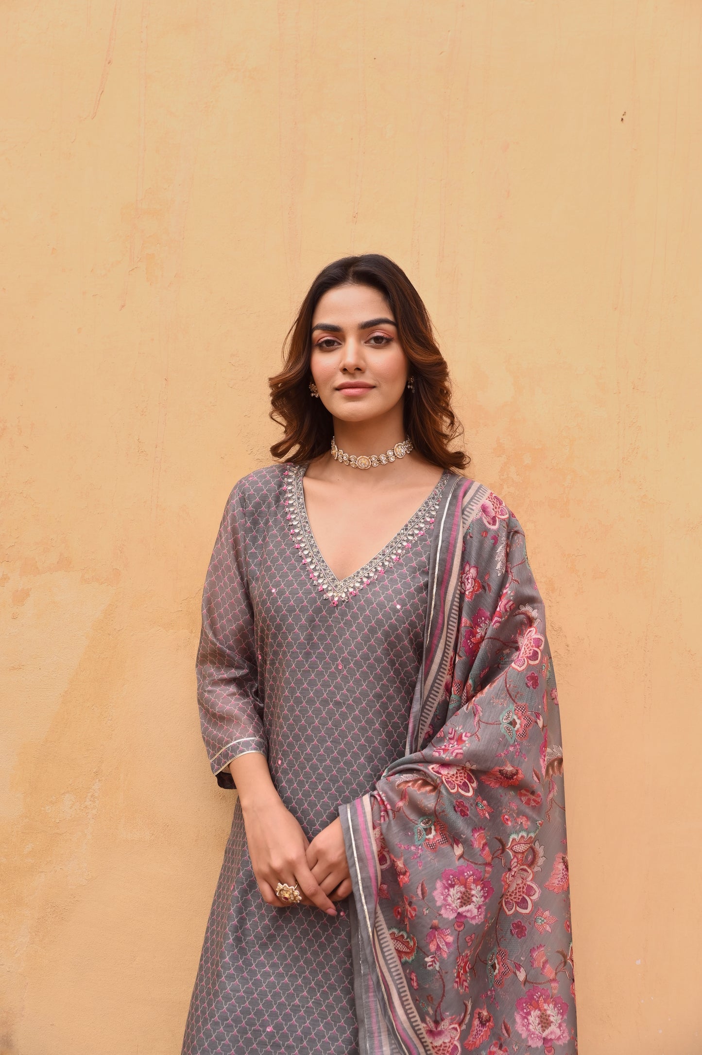 GREY CHANDERI EMBROIDERED KURTA