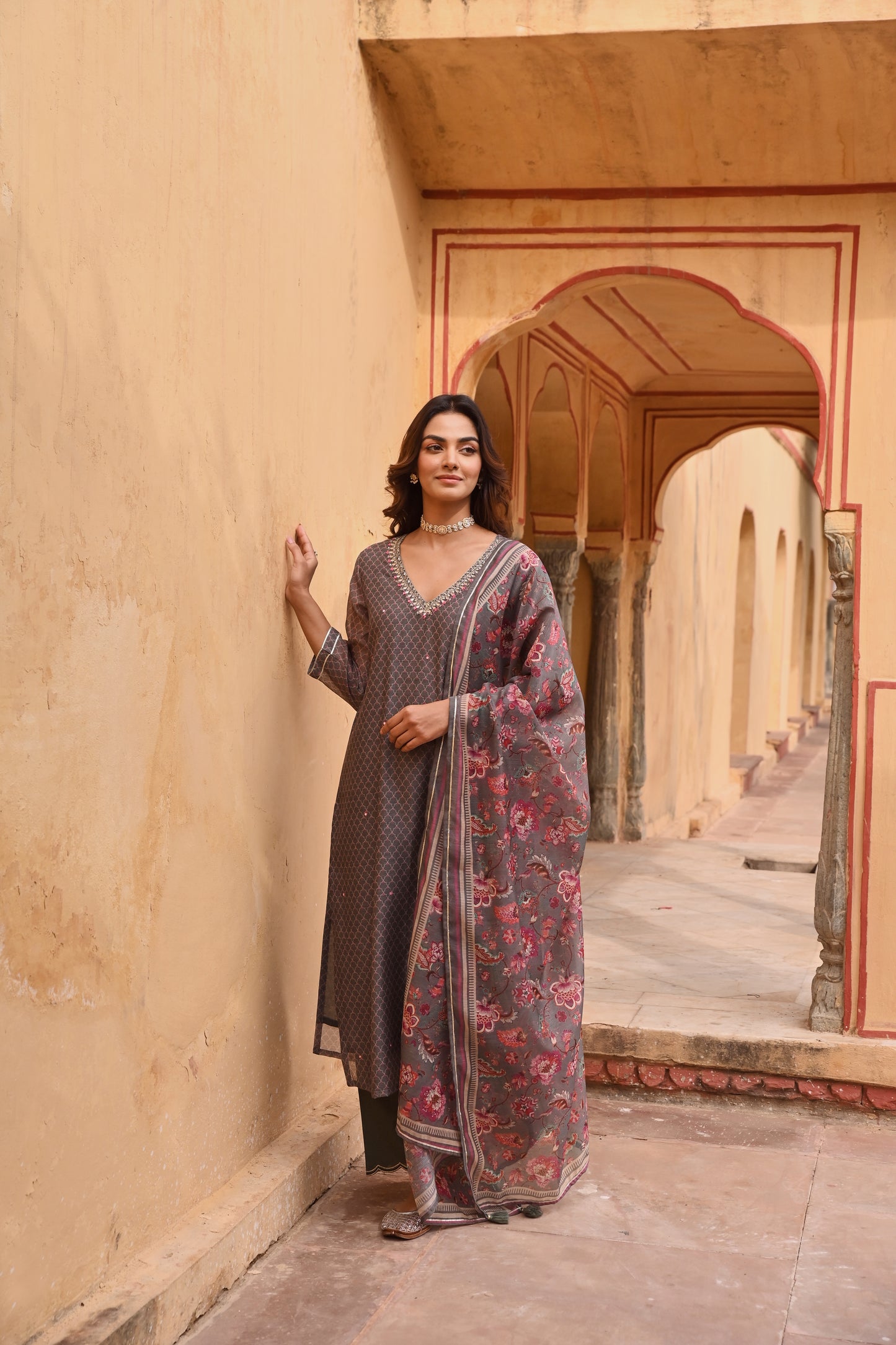 GREY CHANDERI EMBROIDERED KURTA