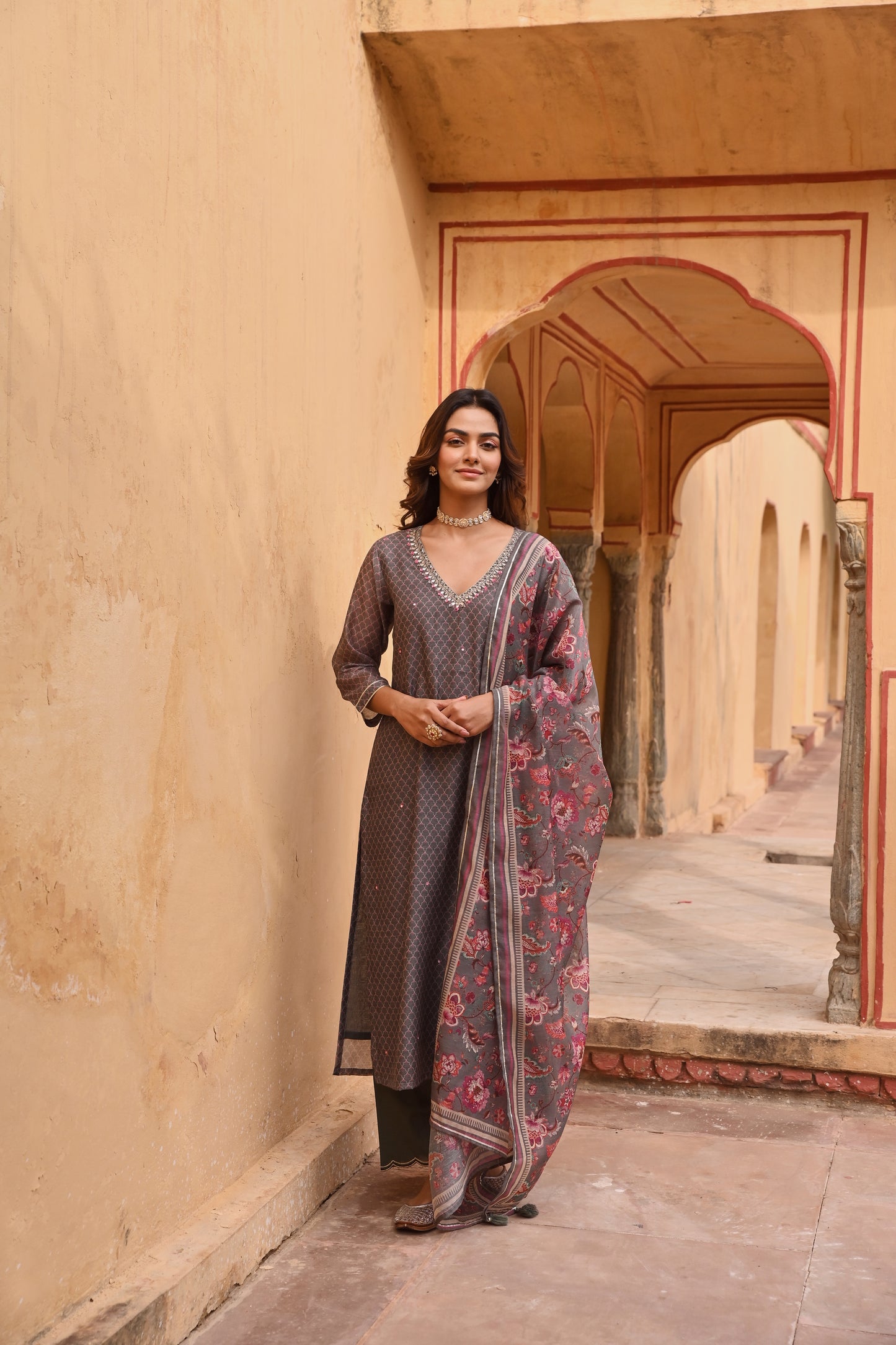 GREY CHANDERI EMBROIDERED KURTA