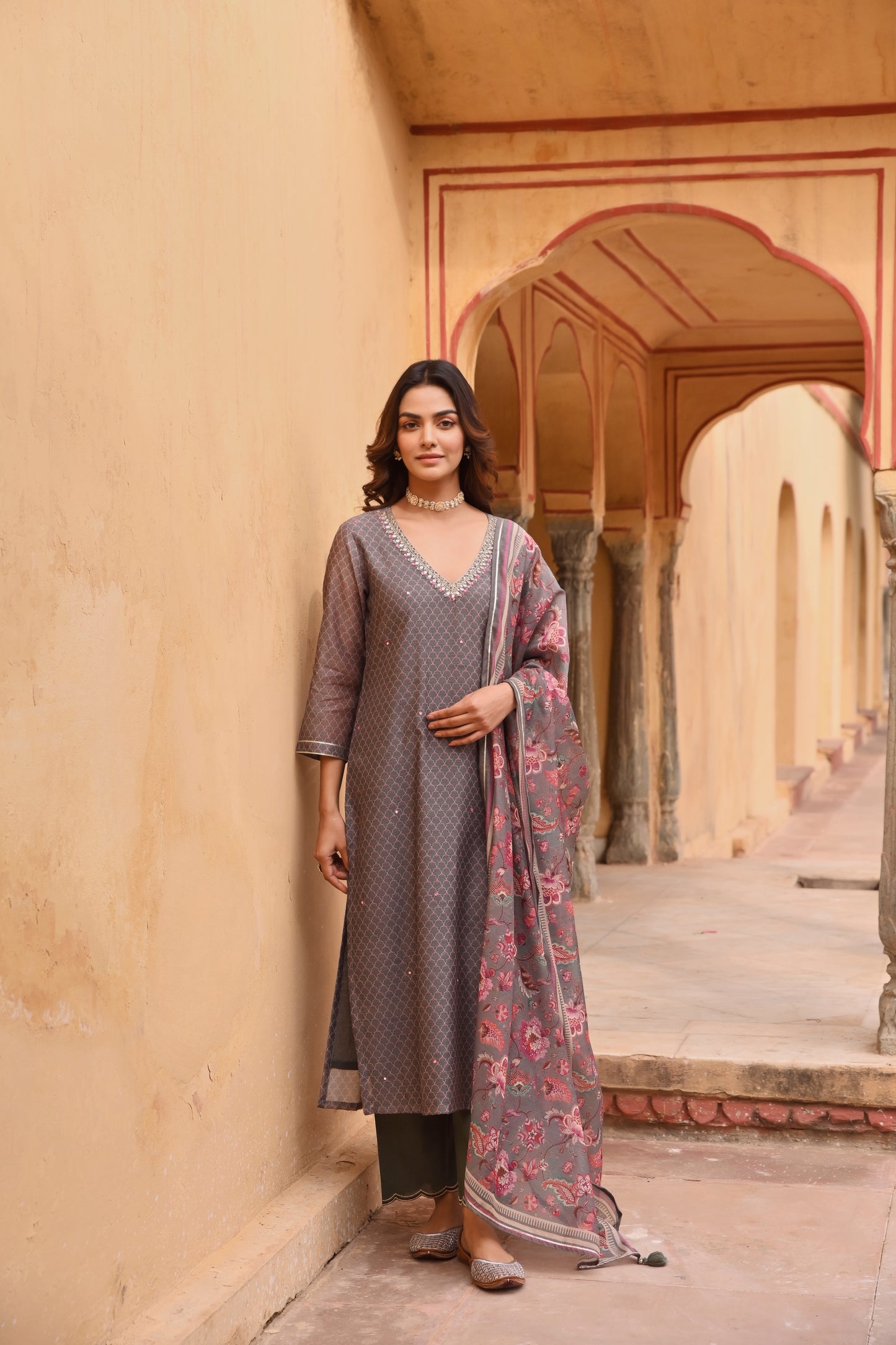 GREY CHANDERI EMBROIDERED KURTA