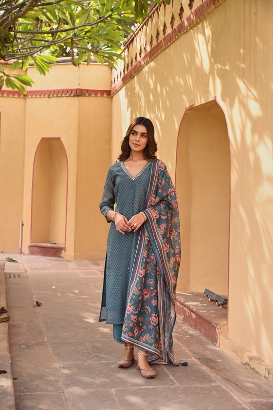 V-NECK TEAL GREEN CHANDERI KURTA SET