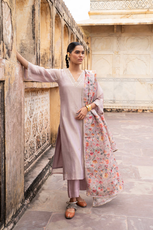 V-NECK PASTEL PURPLE EMBROIDERED CRUSHED TISSUE KURTA SET