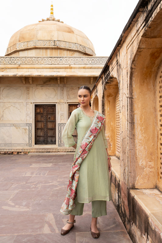 PASTEL GREEN EMBBROIDERED ROUND NECKLINE KURTA SET