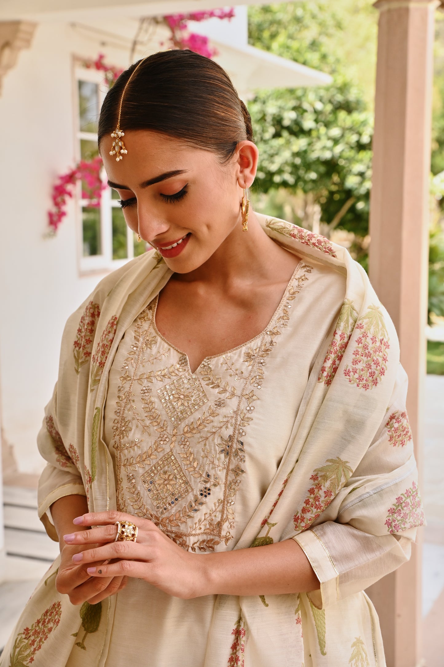CREAM CHANDERI GOTA PATTI KURTA SET