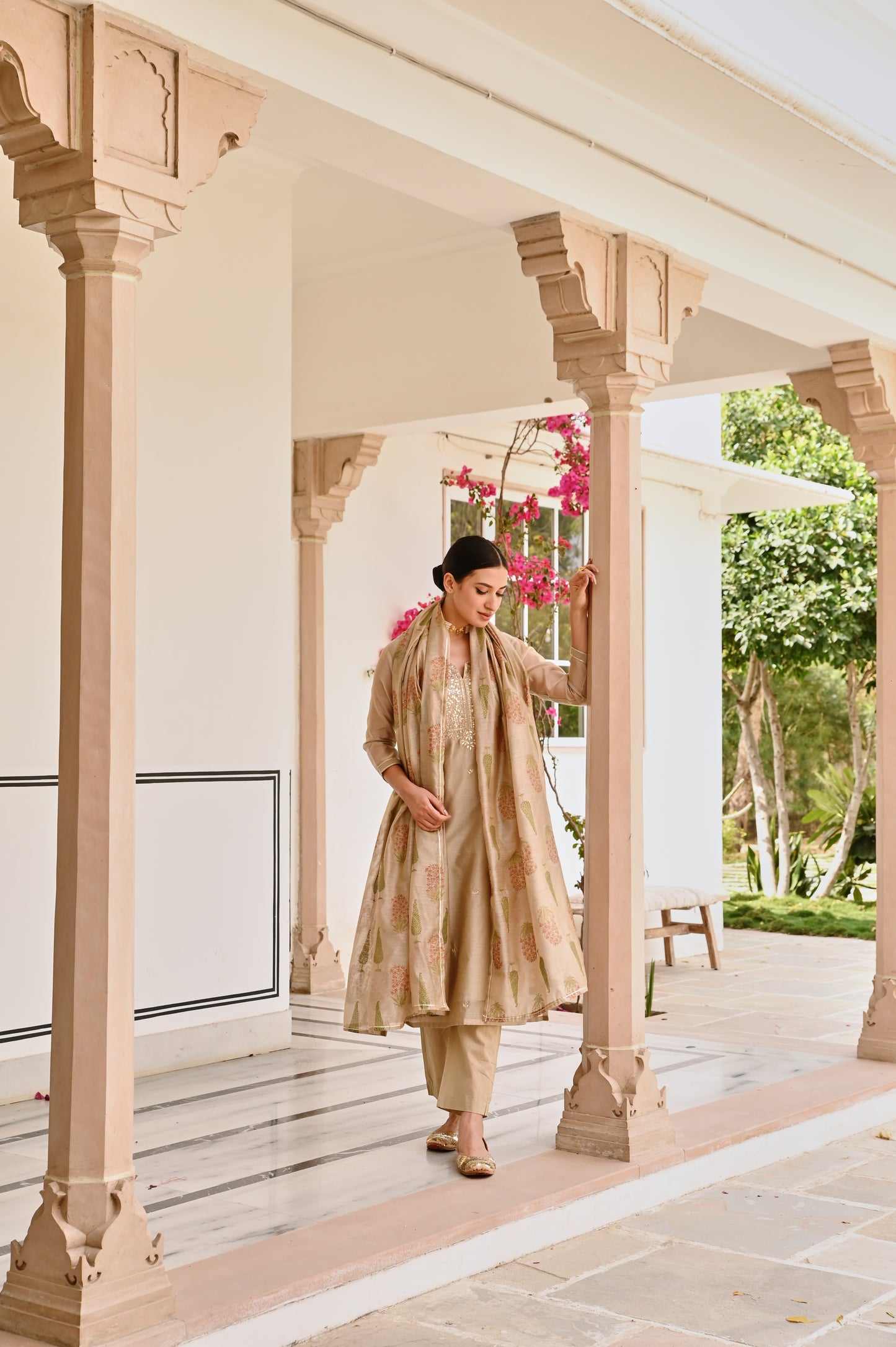 BEIGE CHANDERI GOTA PATTI KURTA SET