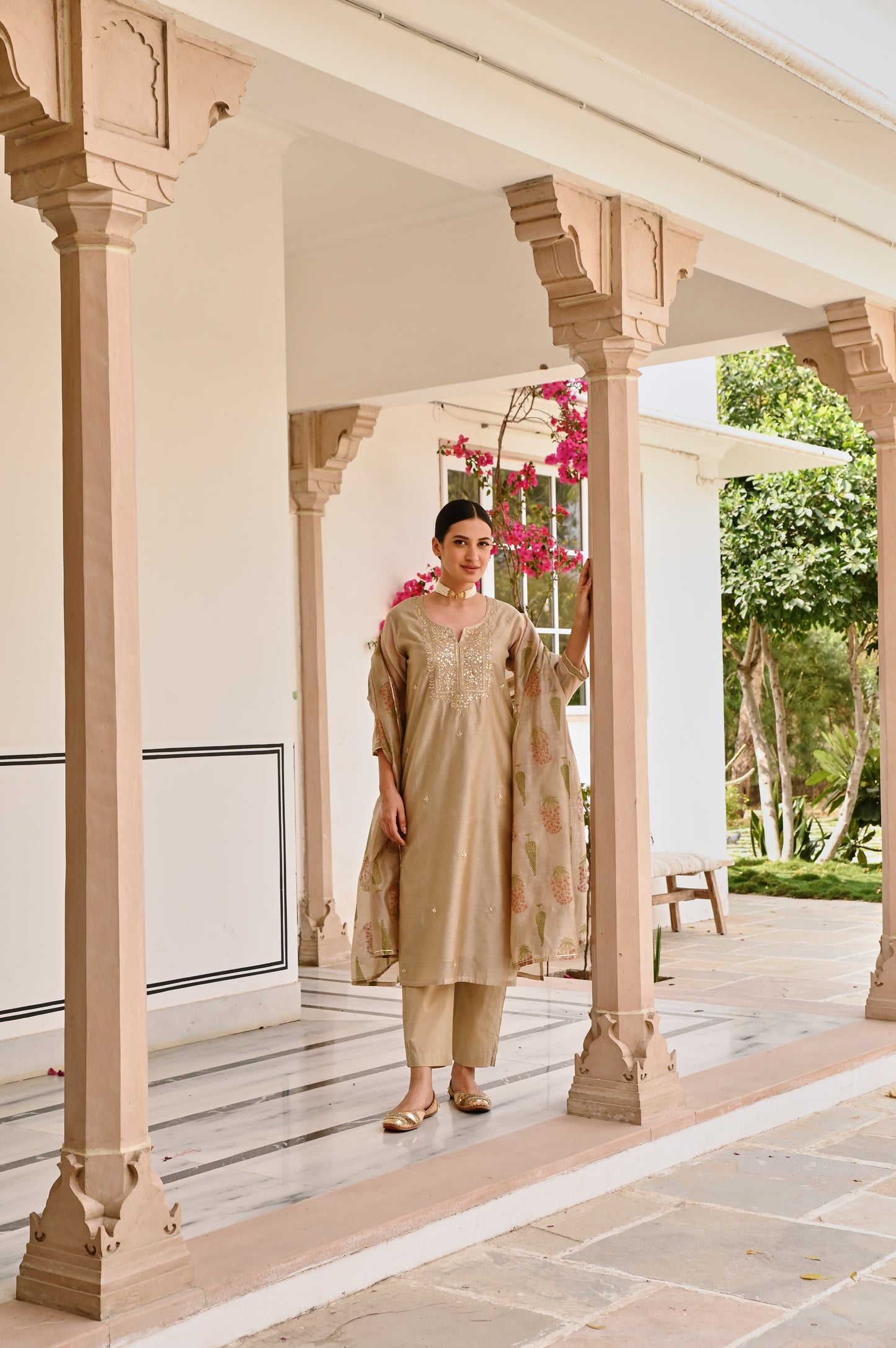 BEIGE CHANDERI GOTA PATTI KURTA SET