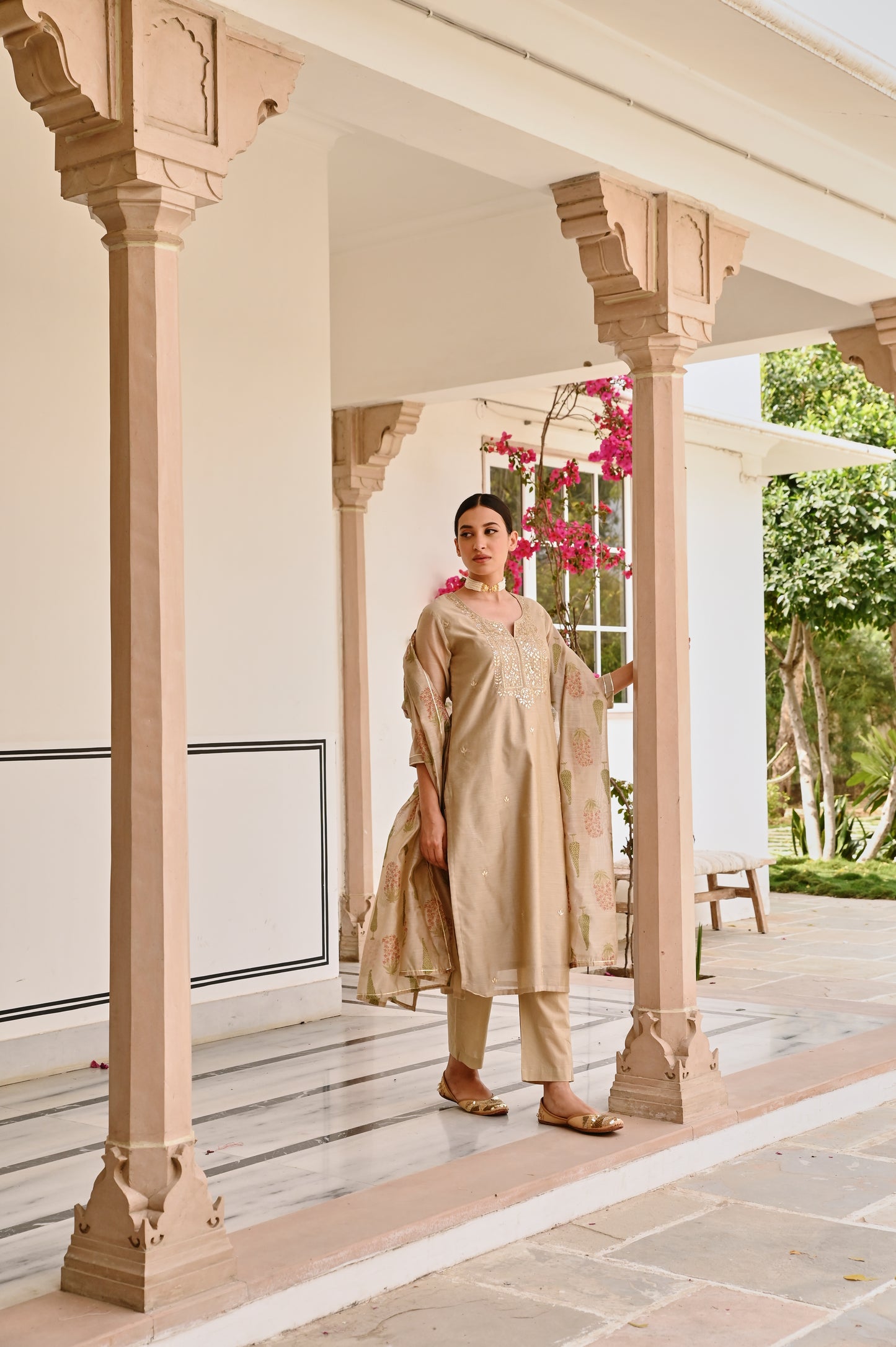 BEIGE CHANDERI GOTA PATTI KURTA SET