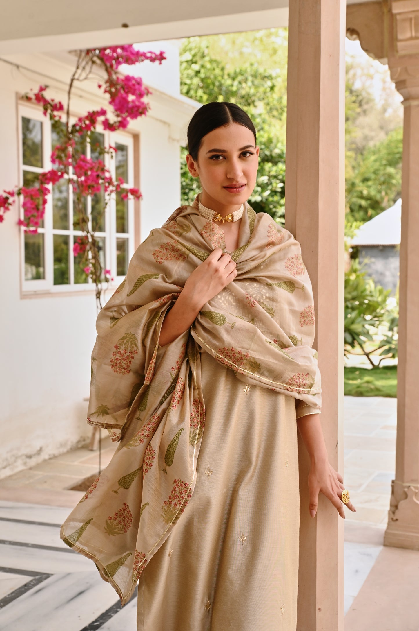 BEIGE CHANDERI GOTA PATTI KURTA SET
