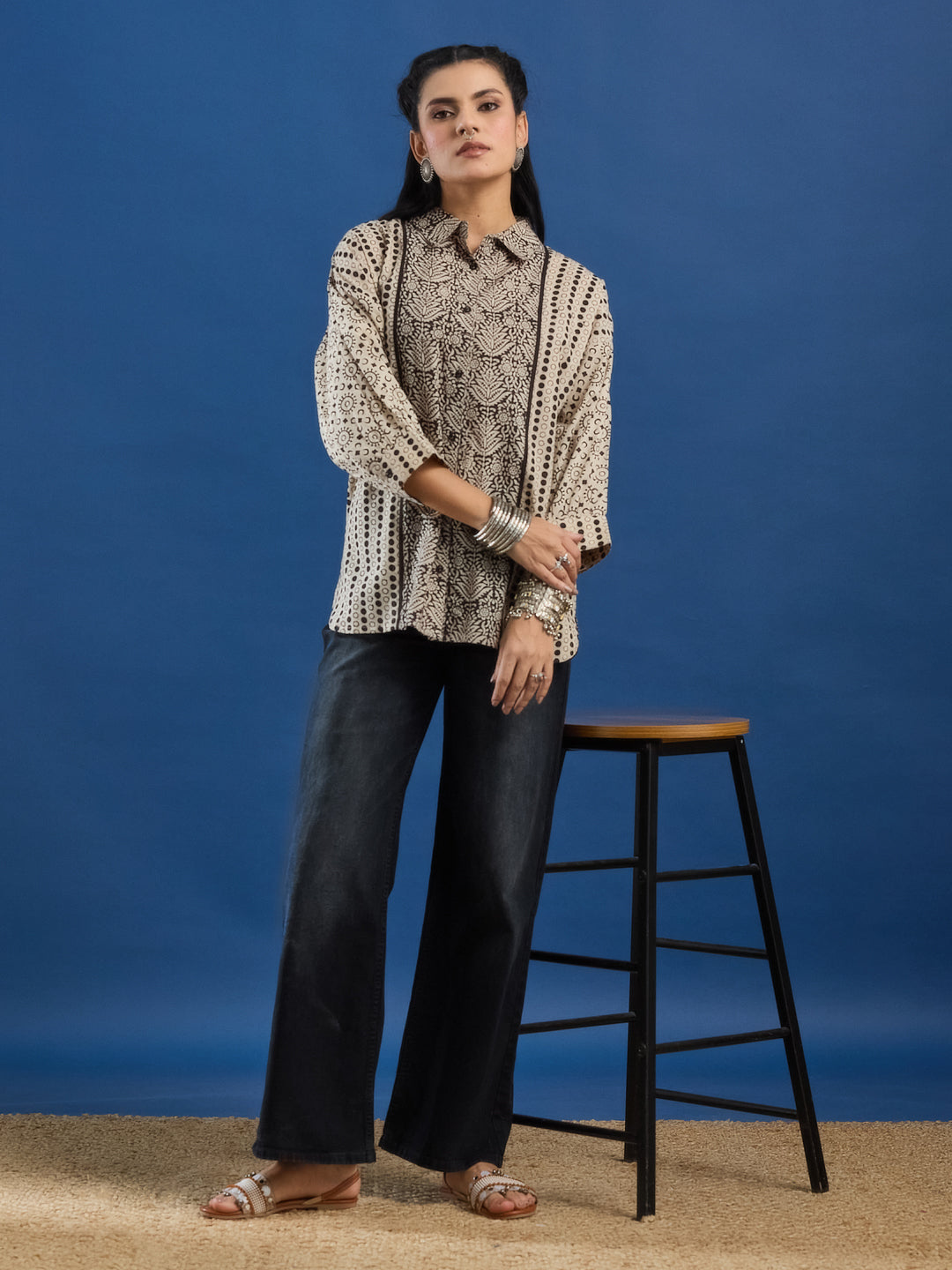 Black Handblock Printed Loose Fit Cotton Shirt