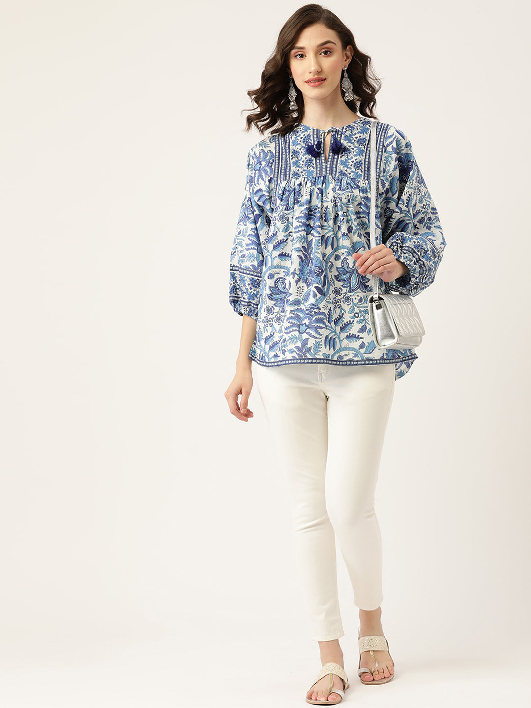 Blue Hand-Block Printed Boho Volume Sleeved Top